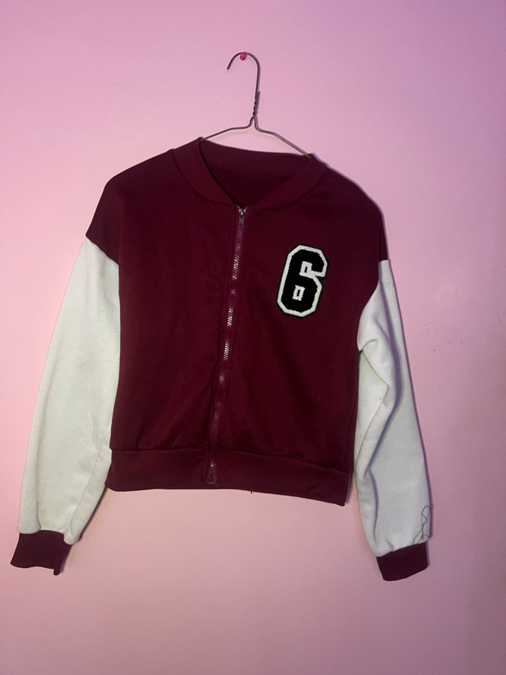 Maroon and White Varsity Zip-Up Jacket with '6' Patch